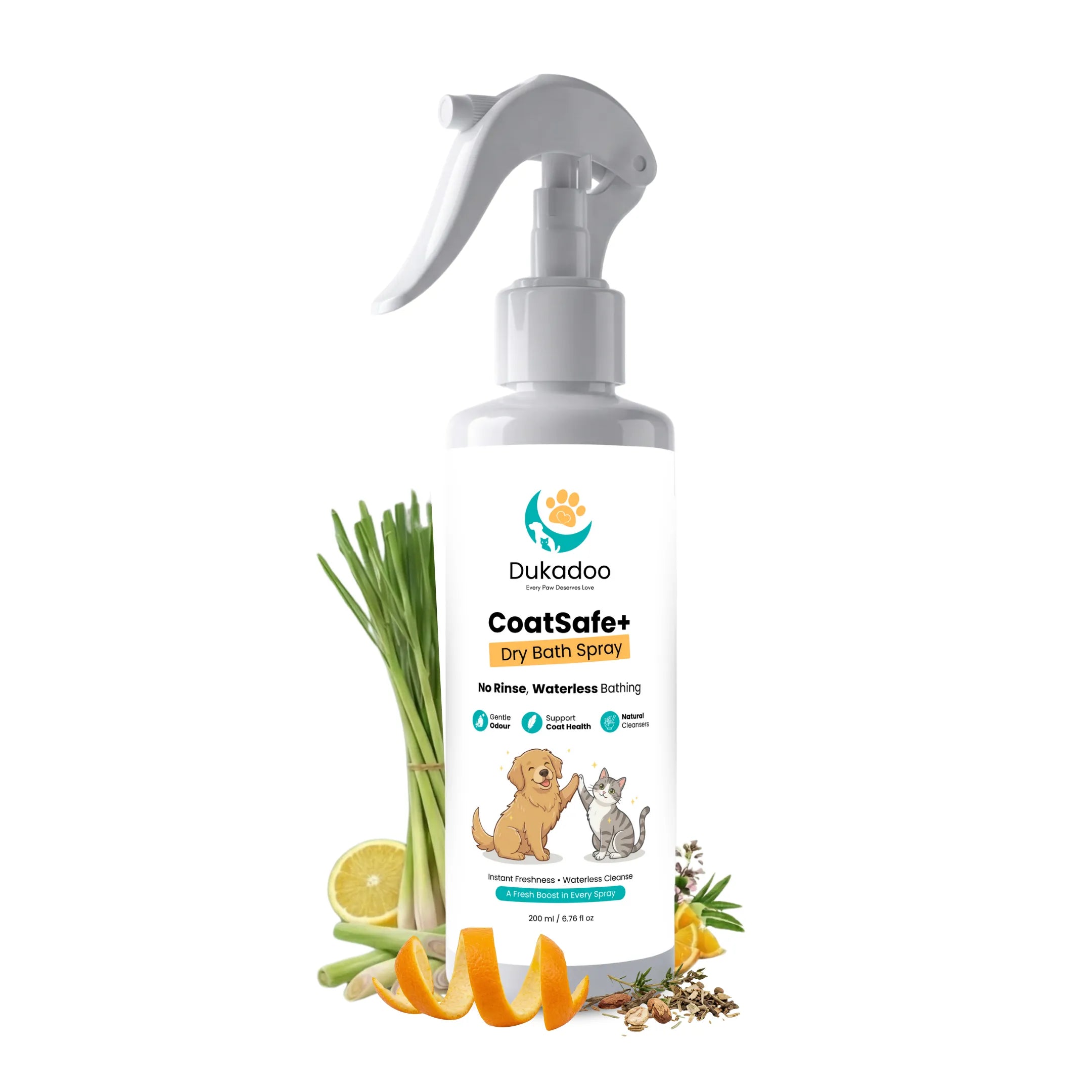 Dukadoo CoatSafe+ Waterless Pet Shampoo 200ml | Dry Bath No-Rinse Shampoo for Dogs & Cats | Instant Freshness & Odour Control | Gentle Daily Cleansing | Coat Care Spray