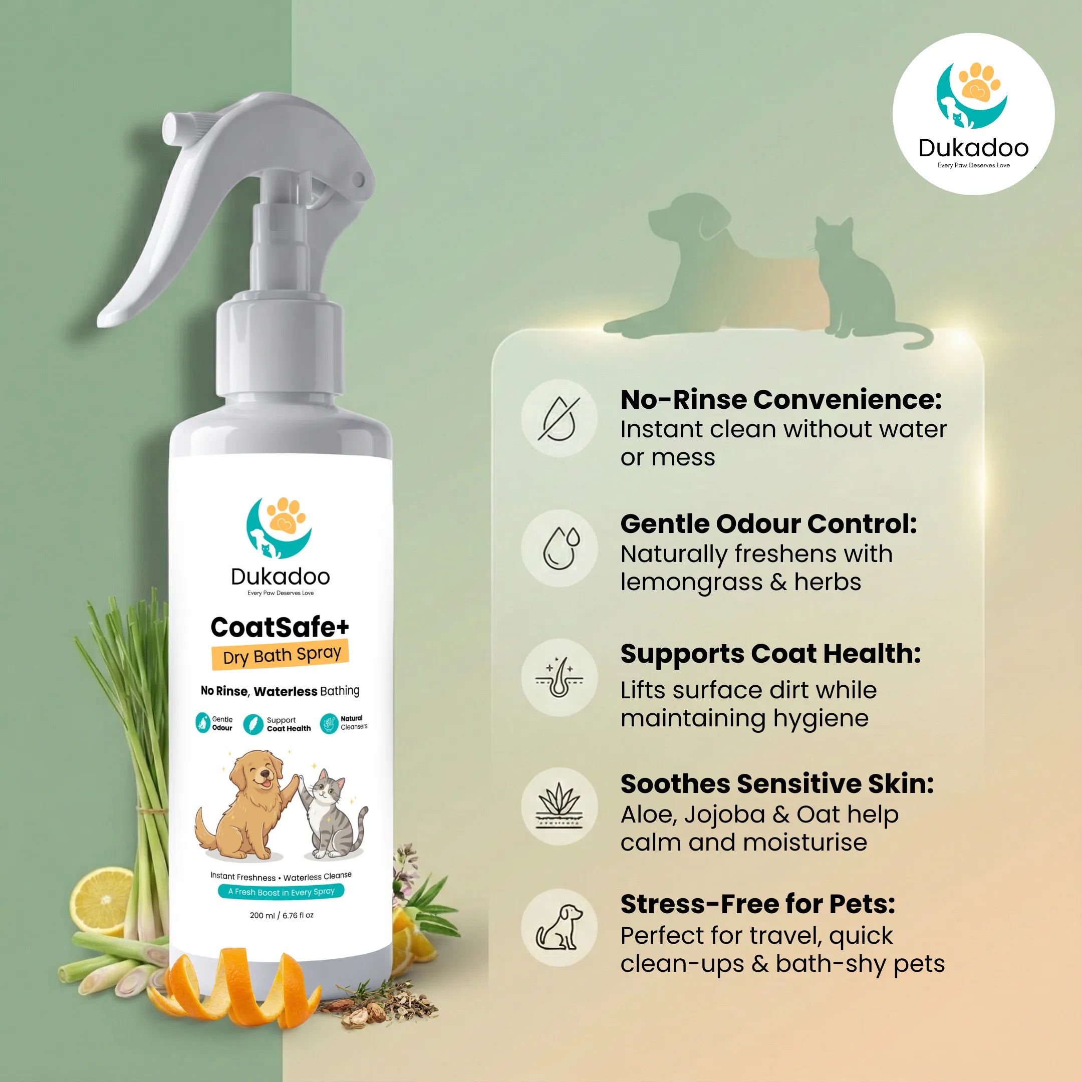 Dukadoo CoatSafe+ Waterless Pet Shampoo 200ml | Dry Bath No-Rinse Shampoo for Dogs & Cats | Instant Freshness & Odour Control | Gentle Daily Cleansing | Coat Care Spray